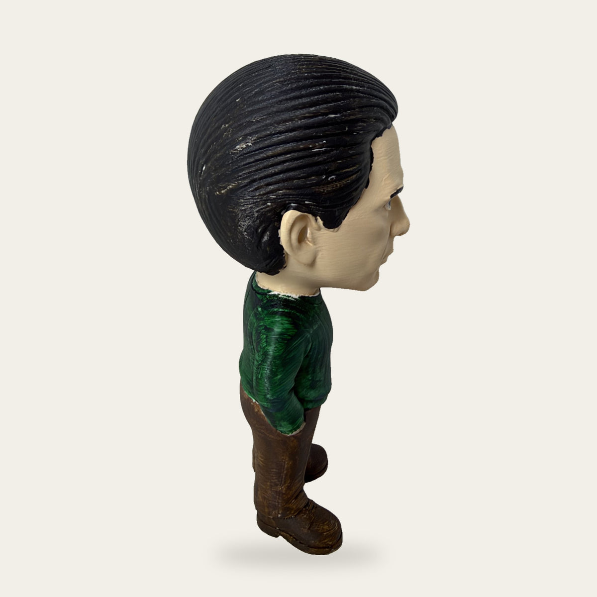 Green Shirt Wiseguy 3D printed hand-painted figurine, rear three-quarter view